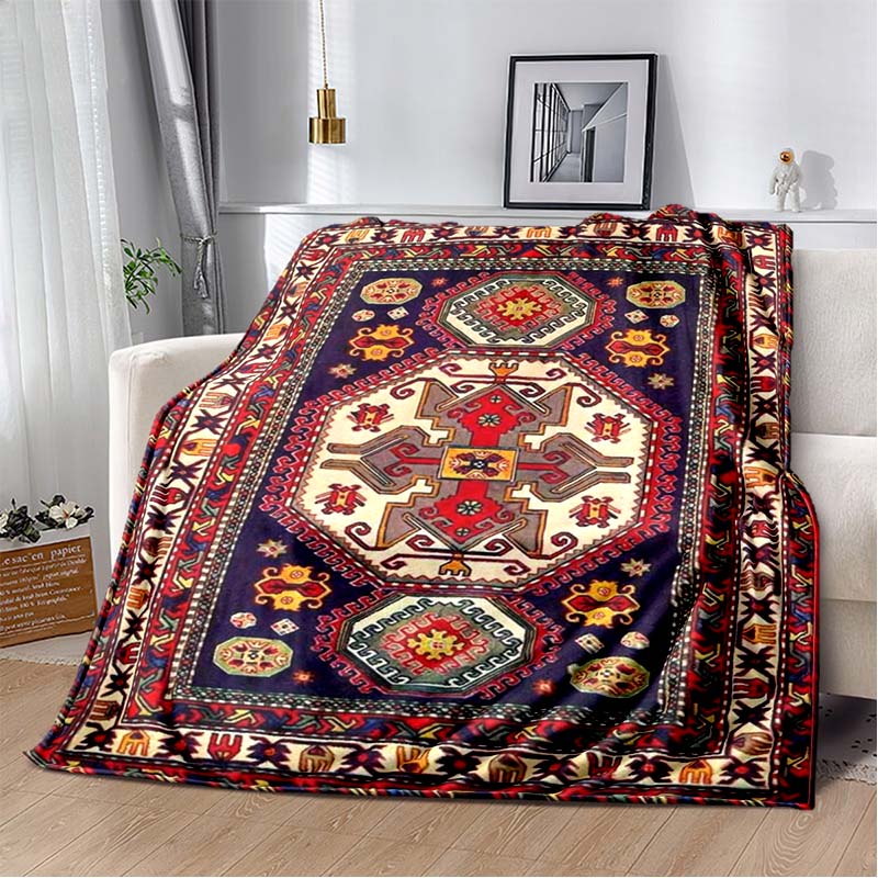 Vintage Kilim Tribal Geometric Print Flannel Blanket, Soft Cozy Throw for Bed Sofa, Ethnic Home Decor