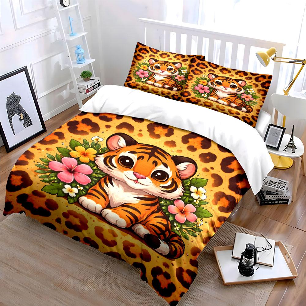 Cute Tiger With Floral Background Bedding Set For Kids Luxury Gift 3Pcs Digital Print Comforter Set Soft Comfortable Breathable
