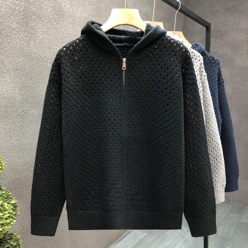 Mens Hollow Out Hooded Cardigan Loose Knit Sweater Casual Outerwear