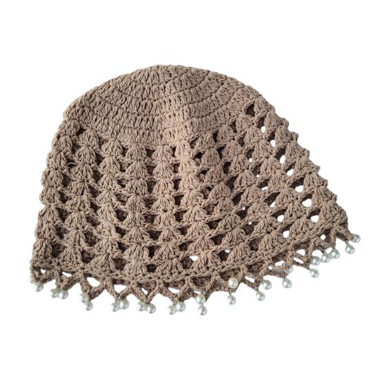 Knitting Hat Bohemian Style Hollow Design Women Hat with Faux Pearls Pendant Lightweight Elastic Hat Headwear