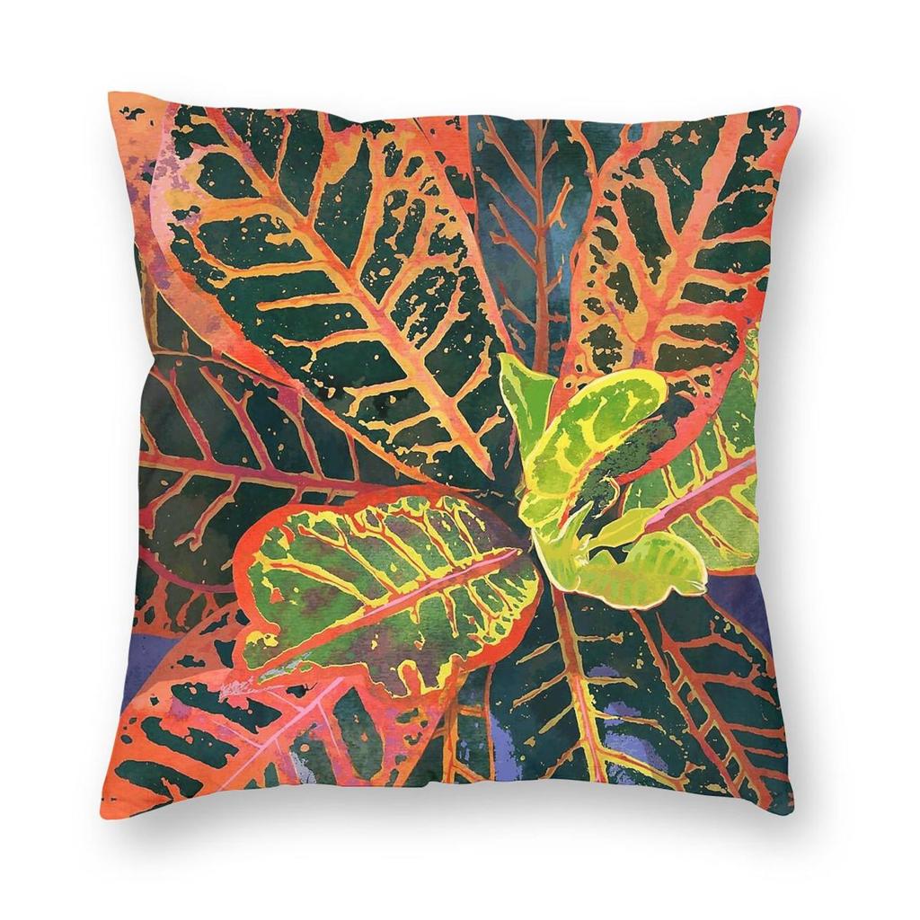 Coral Croton Tropical Plant Leaves Square Pillowcase Polyester Linen Velvet Pattern Zip Decorative Sofa Cushion Cover X
