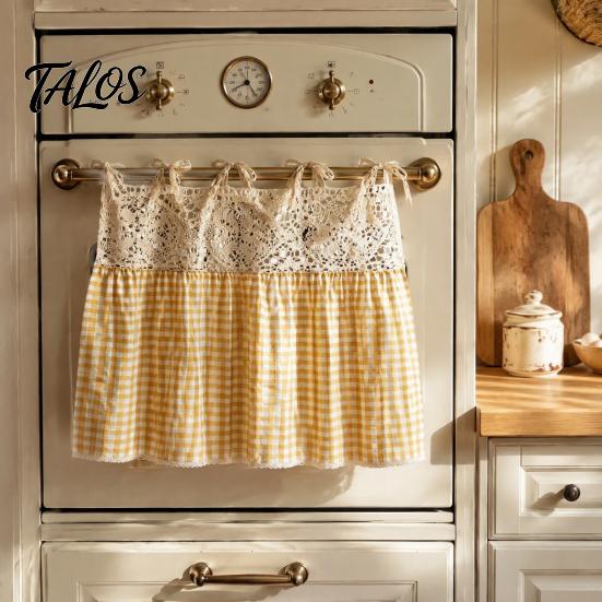Dustproof Oven Handle Protector Farmhouse Stove Skirt, Plaid Crochet Lace Curtain, Rustic Kitchen Cabinet Decoration Skirt Curtain with Ties