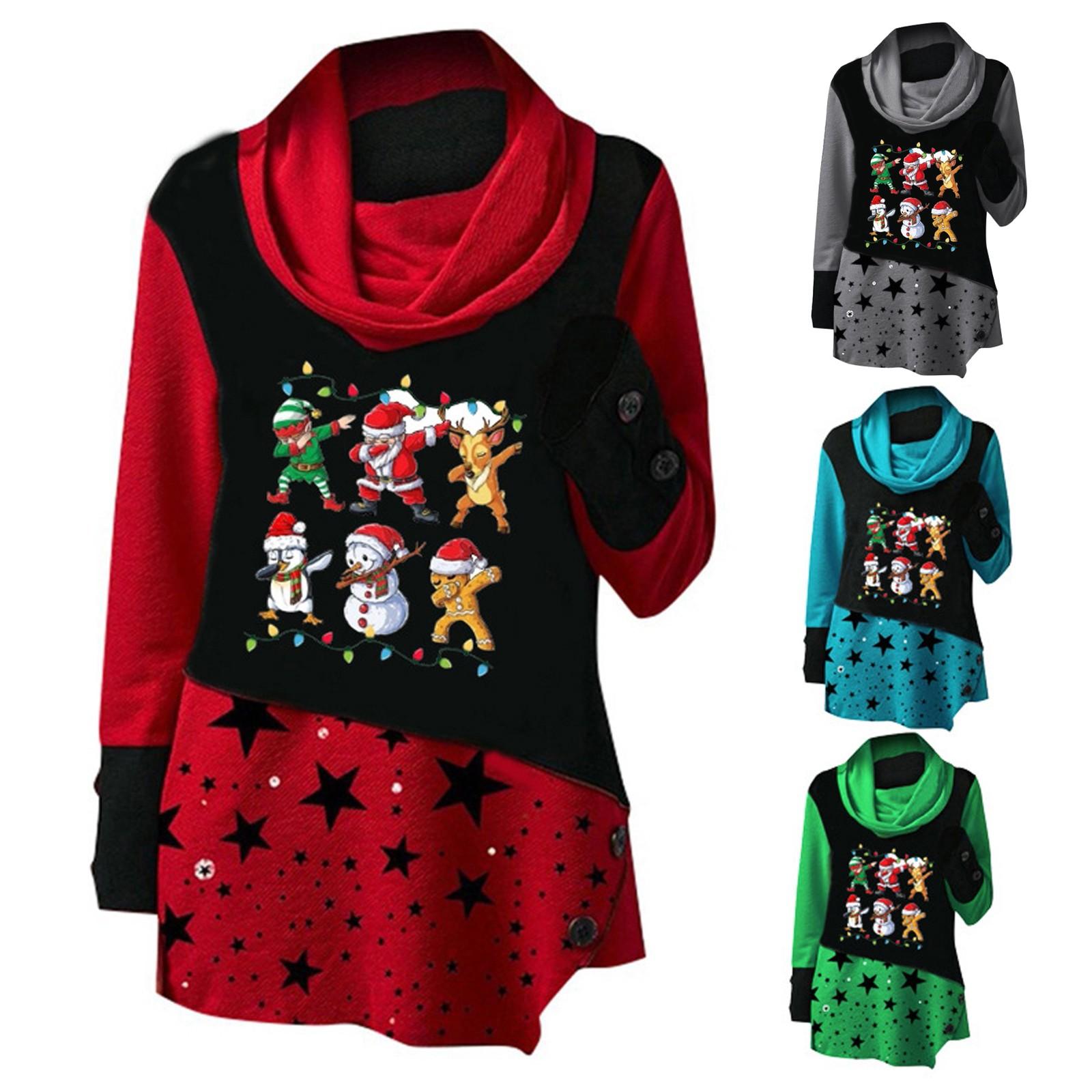 

Женская повседневная мода с рождественским принтом и длинным рукавом, куча одежды, топ M зелёный