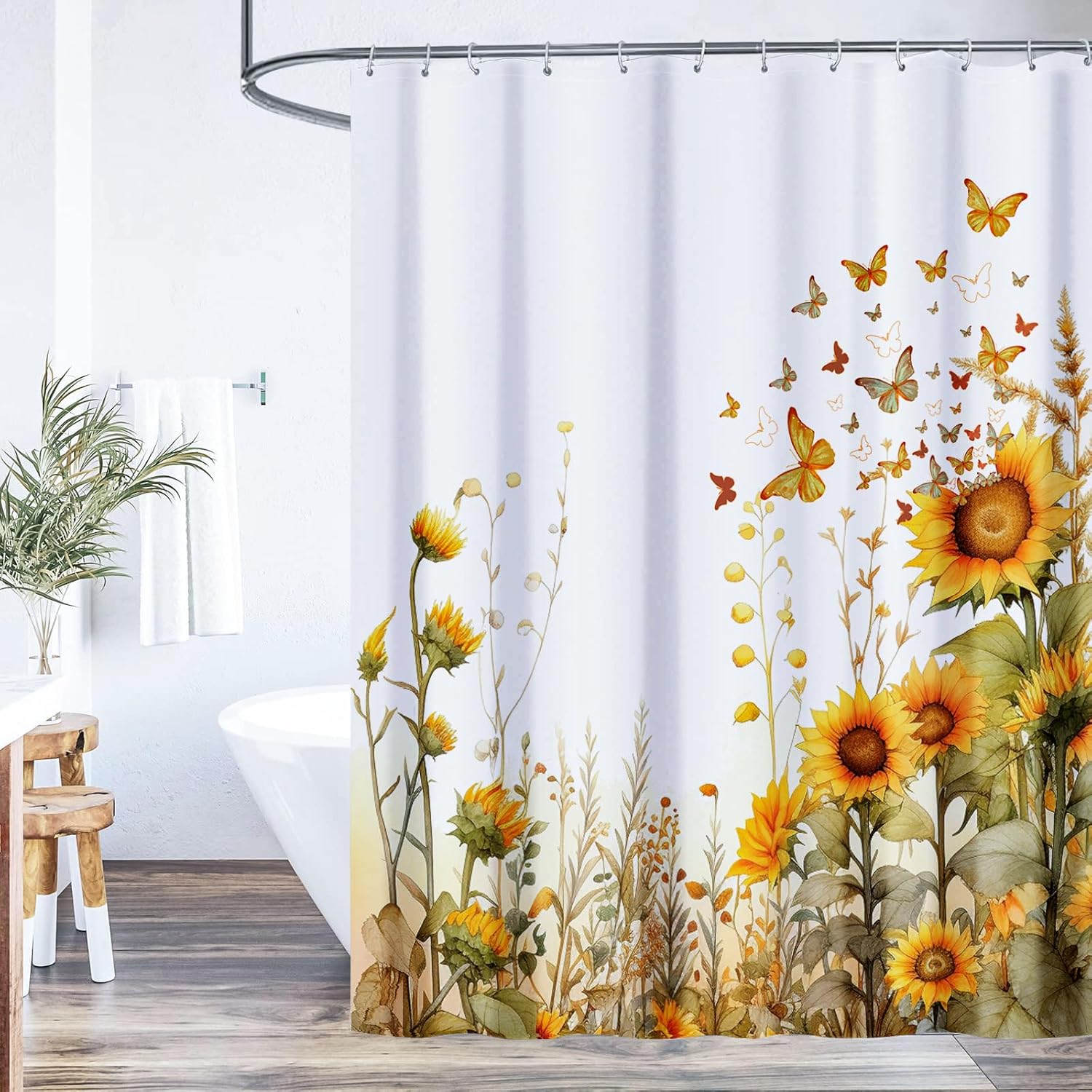 

Sunflower Shower Curtain - Watercolor Sunflower & Green Leaves Farmhouse Bathroom Decor,Rustic Floral 90x180CM