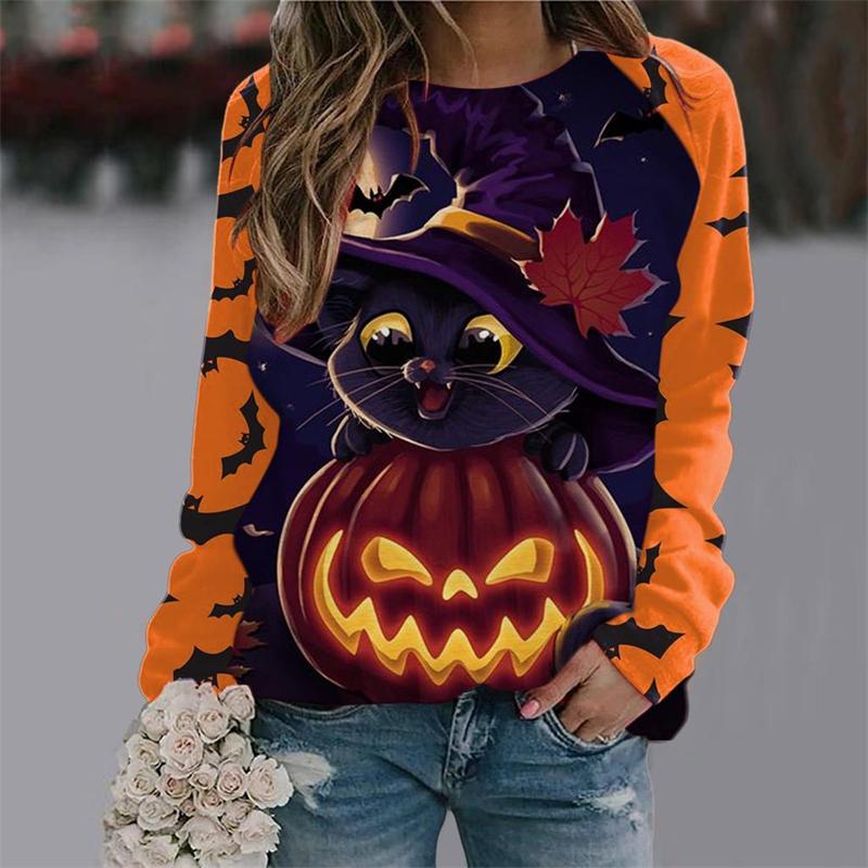2025 Autumn Women's Halloween T-Shirt Fashion Long Sleeve Party Tops Casual 3D Print Loose Shirts OverSized Clothing Polyester