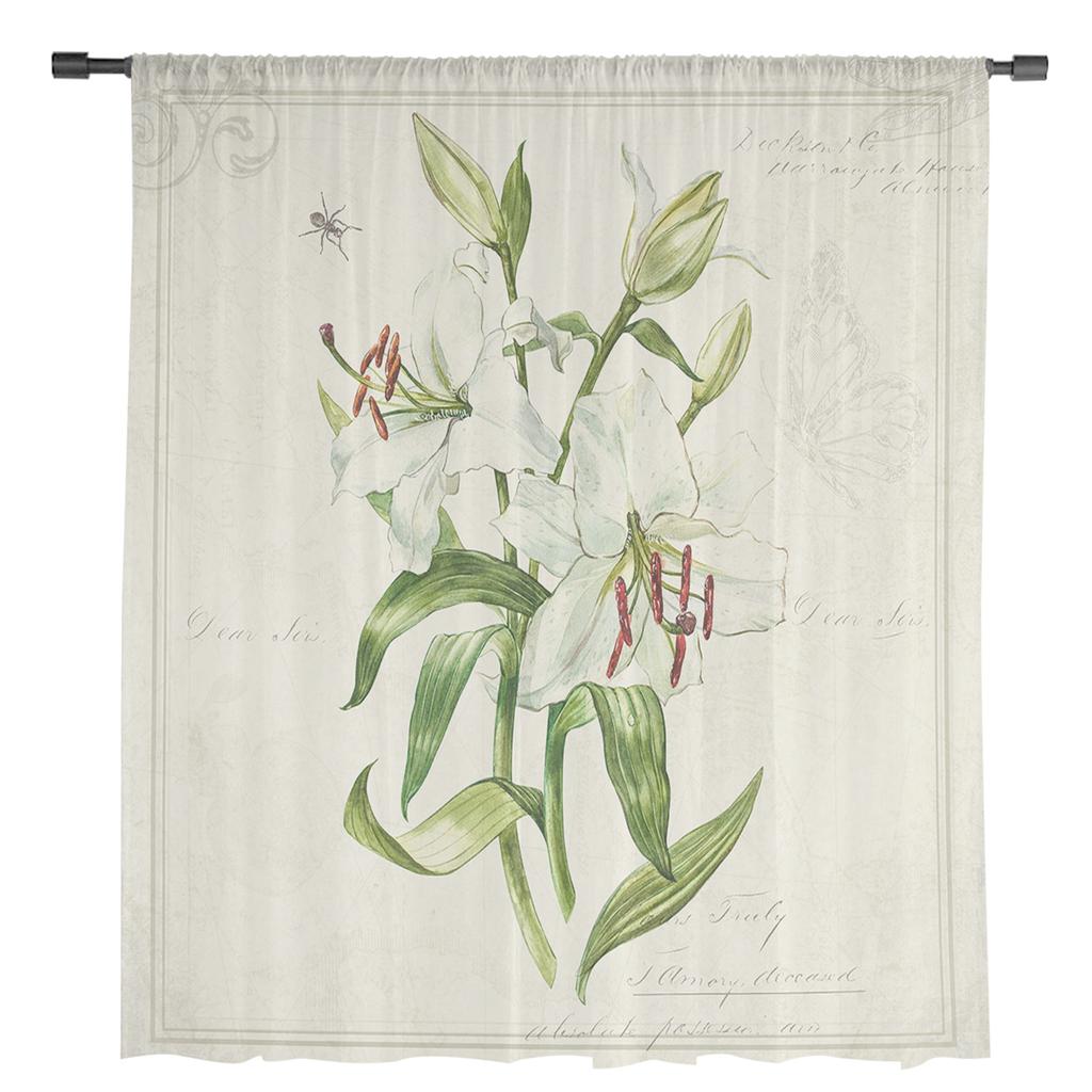 Vintage Landpflanzen Lilienblume Transparente Vorhänge zur Wohnzimmerdekoration Fenstergardinen Küchen-Tüll Voile-Vorhänge