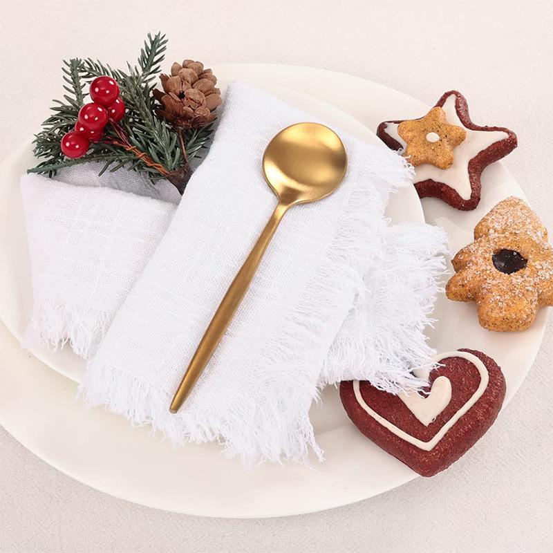 6pcs 32x32cm 100% Cotton Soft Beige Gauze C Wedding Napkins Reusable Blue Trim Tea Towel Rustic Retro Burrs Napkins For Dinner,Party,Weddings