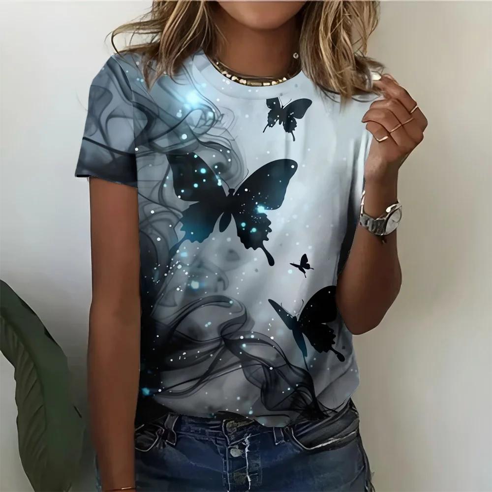 

Летний топ с круглым вырезом, 3D-принтом таинственного звездного света и мечтательной бабочки, модная повседневная женская футболка с коротким рукавом XS
