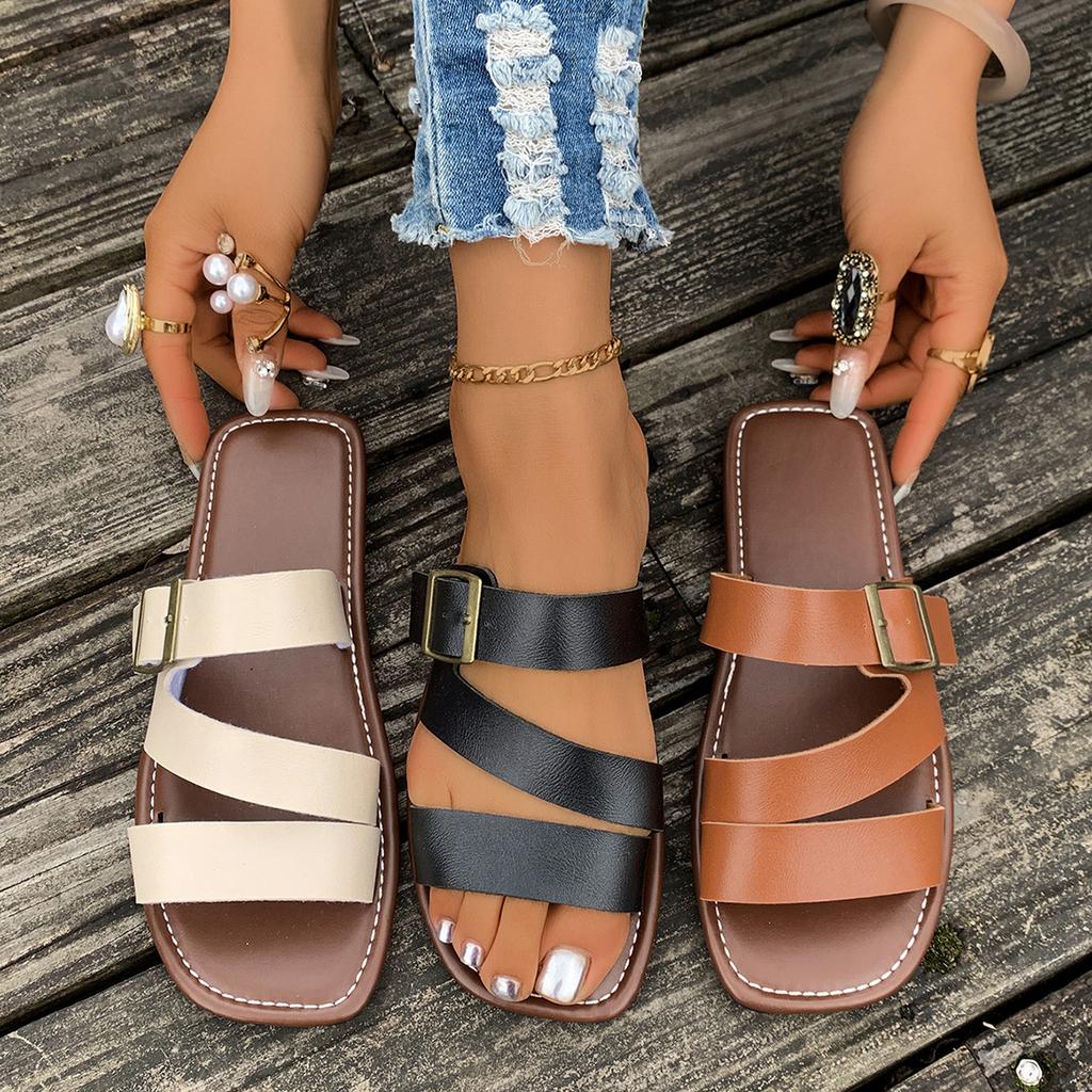 European and American foreign trade large size buckle flat bottom one-word shoes women's open-toed retro wind beach cool slippers 2025