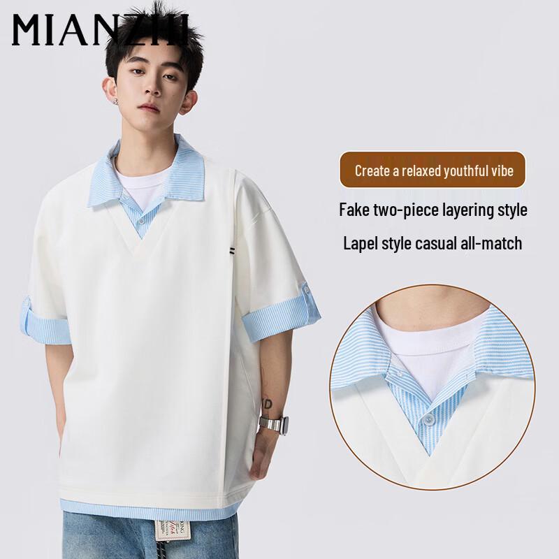 Men s American Retro Faux Two-Piece Patchwork Polo T-Shirt M
