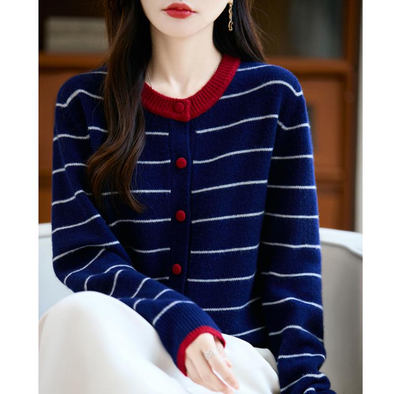 Women's Striped Color Block Pure Wool Thick Knit Cardigan Sweater