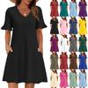 Women A Line Sun Dress Short Sleeve V Neck Dress With Pockets