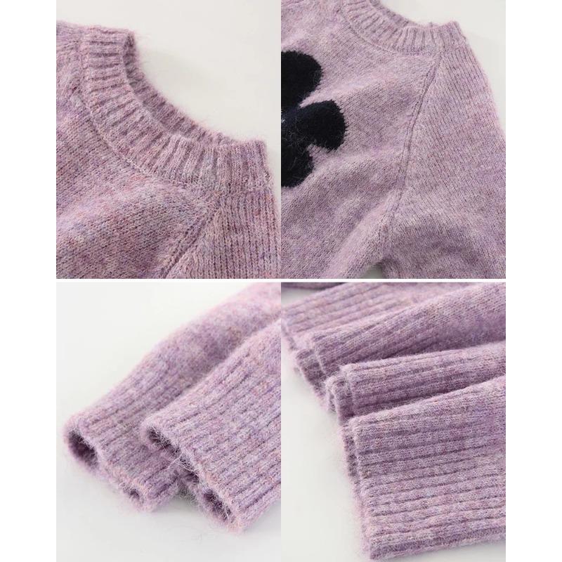 Streamgirl Winter Gray Sweater Flower Women Loose Knit Pullovers Purple Knitwear Vintage Warm Flower
