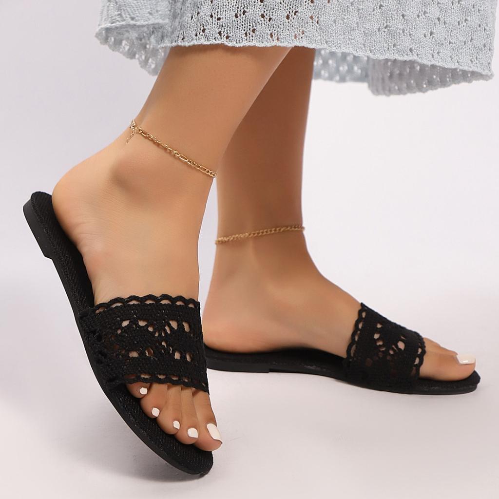 Fashion new hollow breathable lace flat-bottomed slippers women's pedal home slippers casual open-toed low-heeled slippers