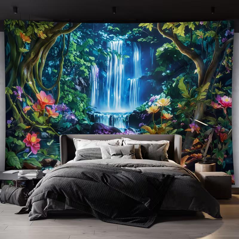 2D Mystical Jungle Waterfall Tapestry Enchanted Nature Wall Hanging