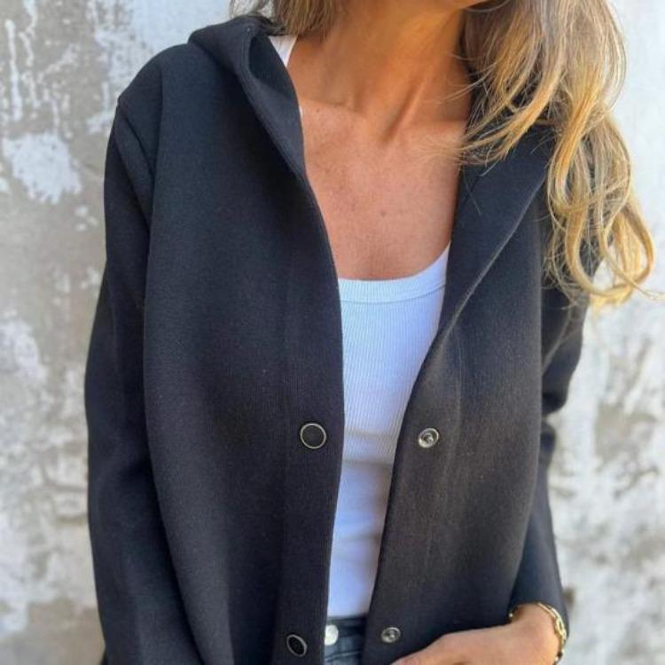 Loose Mid Length Coat Cardigan for Women Thick Hooded with Pockets Solid Color Down Button Fall Winter Outdoor Travel