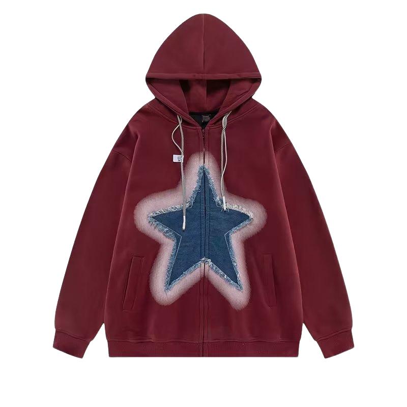 2026 Spring And Autumn New Trendy American Retro Letter Star Printed Jacket Hoodie Trendy Men's Loose Casual Solid Color Jacket