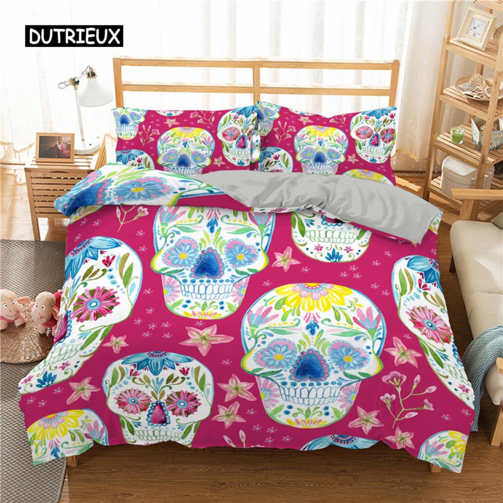 Sugar Skull King Queen Duvet Cover Cartoon Skeleton Blue Car Bedding Set for Teens Adults Halloween Day of The Dead Quilt Cover