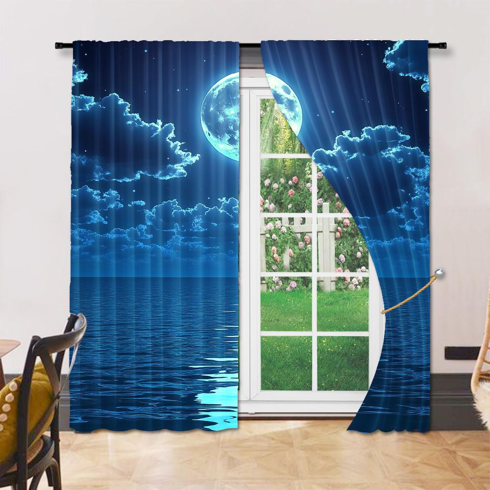Set Of 2 Moon Pattern Curtains Decorative Window Drapes Treatments Bedroom Living Room Home Decoration Curtain With Rod Pocket Polyester Ideal For