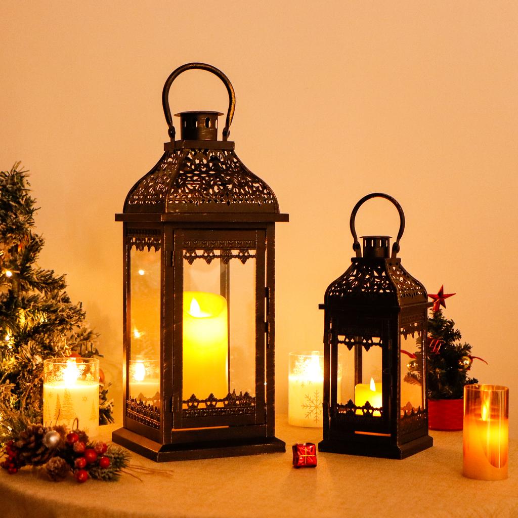 Set of Two Black Metal Lantern with Hanging Top Candle Lantern for Home Decor