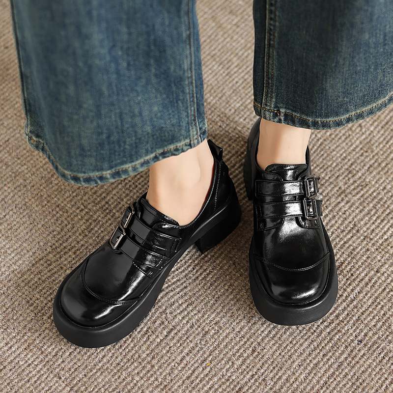 Krazing Pot Microfiber Round Toe Chunky Heels Spring Summer Shoes Big Size 43 Size 33 Women Metal Buckle Platform Pumps