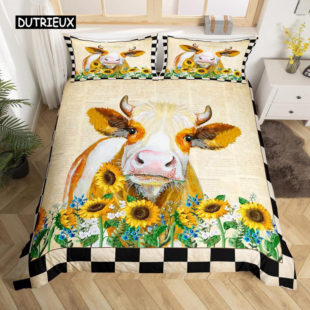Kuh Bettbezug Set Twin King Size Bauernhoftier Bettwäsche Set Grüner Rankenblätter Druck Bettdeckenbezug Rustikale Holzbrett Steppdecke