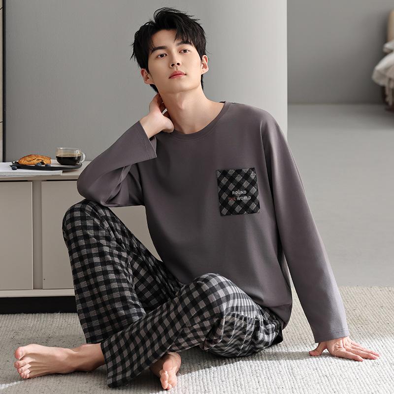 Pajamas Men's Spring and Autumn Cotton Long Sleeve Teen Men's Autumn Thin Casual Can Wear Autumn and Winter Loungewear