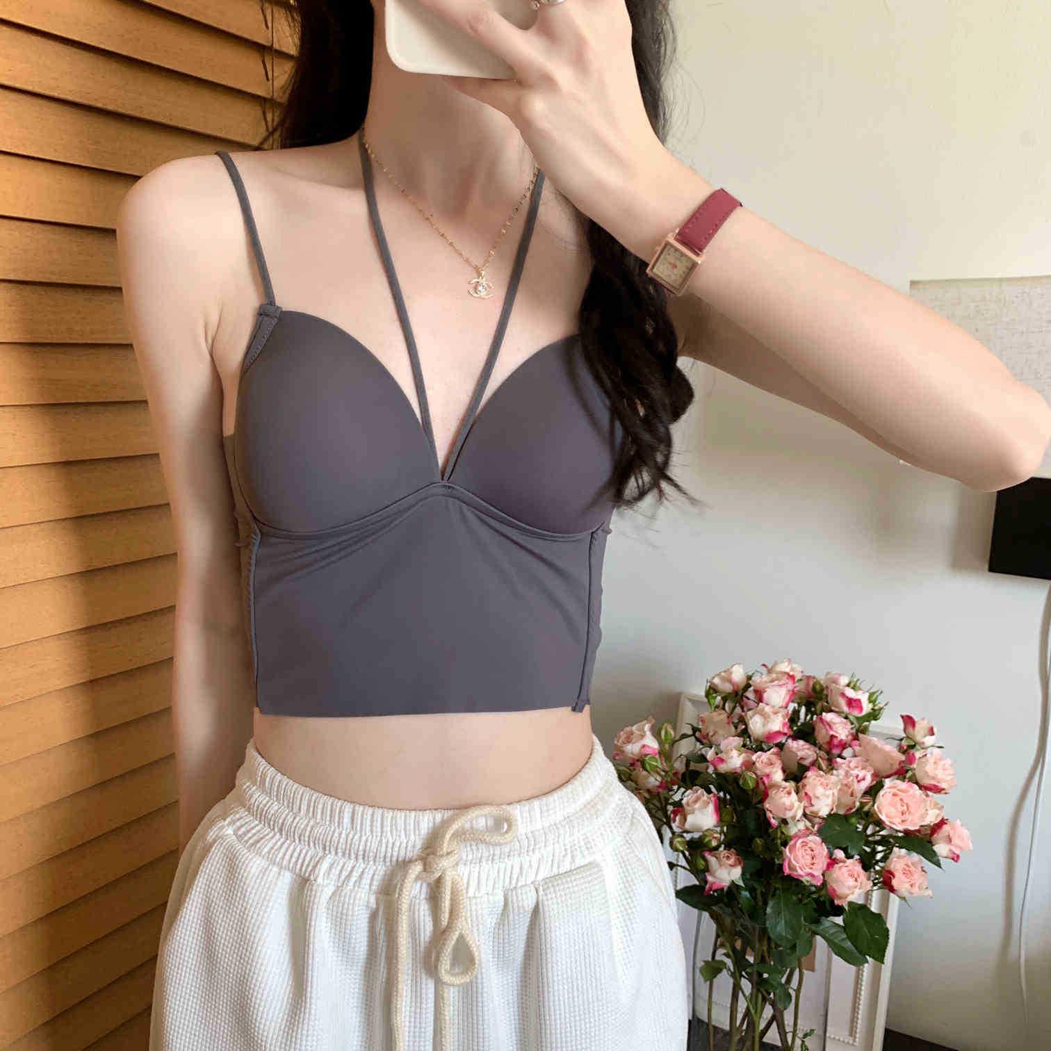 Pure Desire Spicy Girl Halter Neck Silk Camisole with Beautiful Back, Built-in Chest Pads, and Fixed Cup Straps. One Size