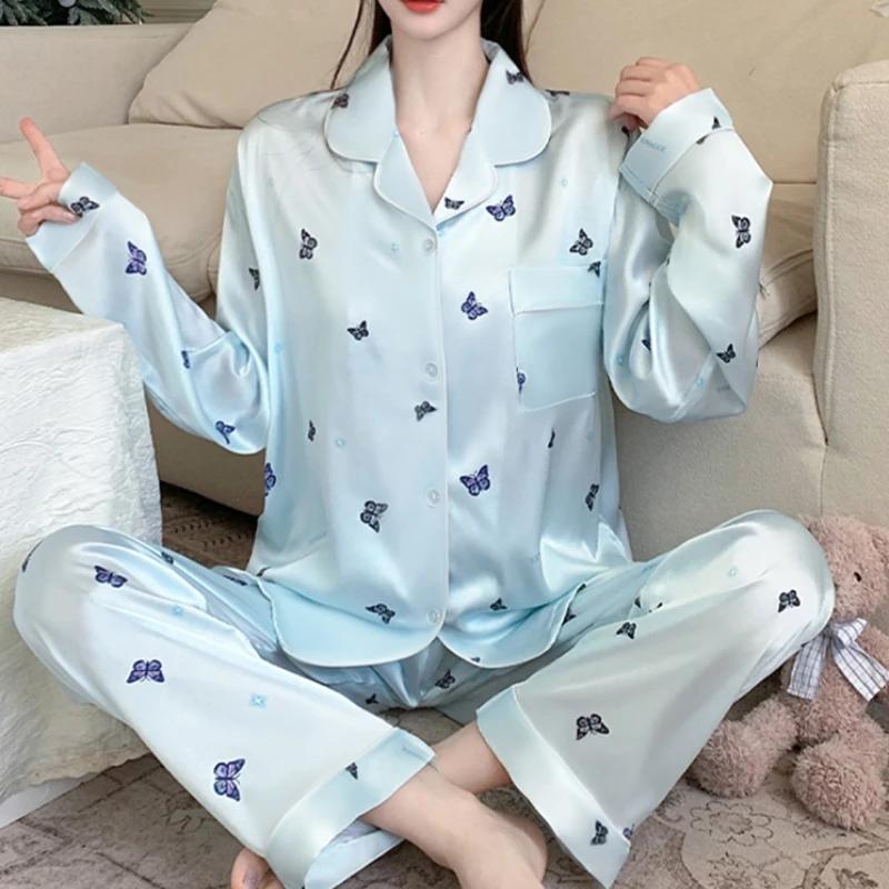 French Literary Aesthetics Design Women's Pajamas Chic Color Butterfly Blue Homewear Spring Simulated Silk Pajamas