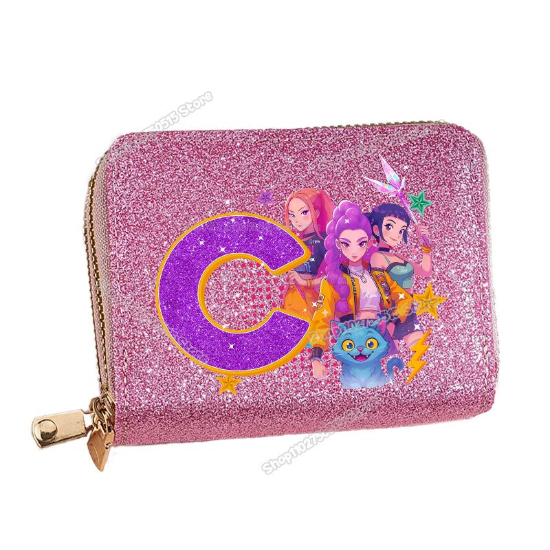 Korean Pop Demon Hunters Letter A-Z Women Short Wallet Bling Sequin Pu Leather Wallets Zipper Coin Purse ID Card Holder Girl Purse