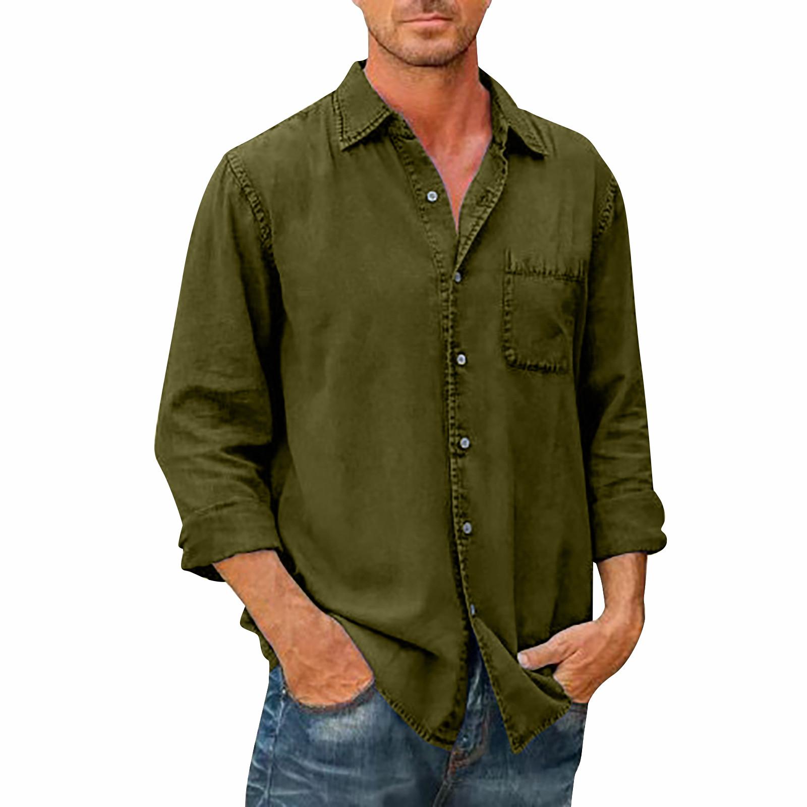 

Дизайнерские весенне-летние мужские повседневные хлопковые льняные рубашки с длинным рукавом, свободные рубашки L зелёный