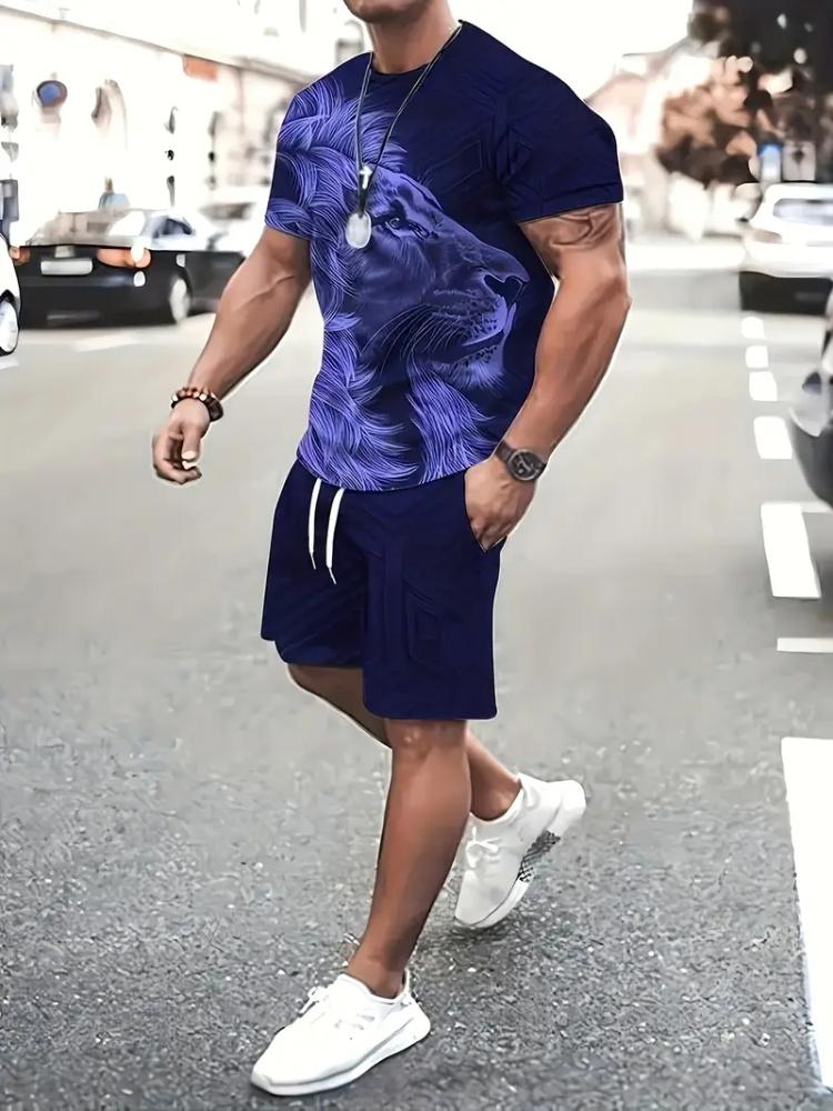 3D White Tiger Print Blue Summer Men's Short Sleeve Suit Fashion Street Short Sleeve Shorts