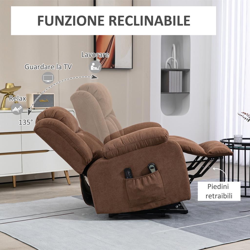 Electric Riser Massaging Reclining Armchair with Remote Control, In Fabric, 91x93x103cm, Brown