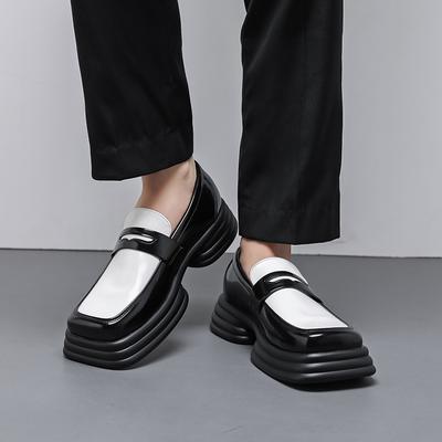 Thick Soled Men's Loafers Color Blocking Design Style Daily Outdoor Trendy Party Street Leather Shoes Youth Black -45