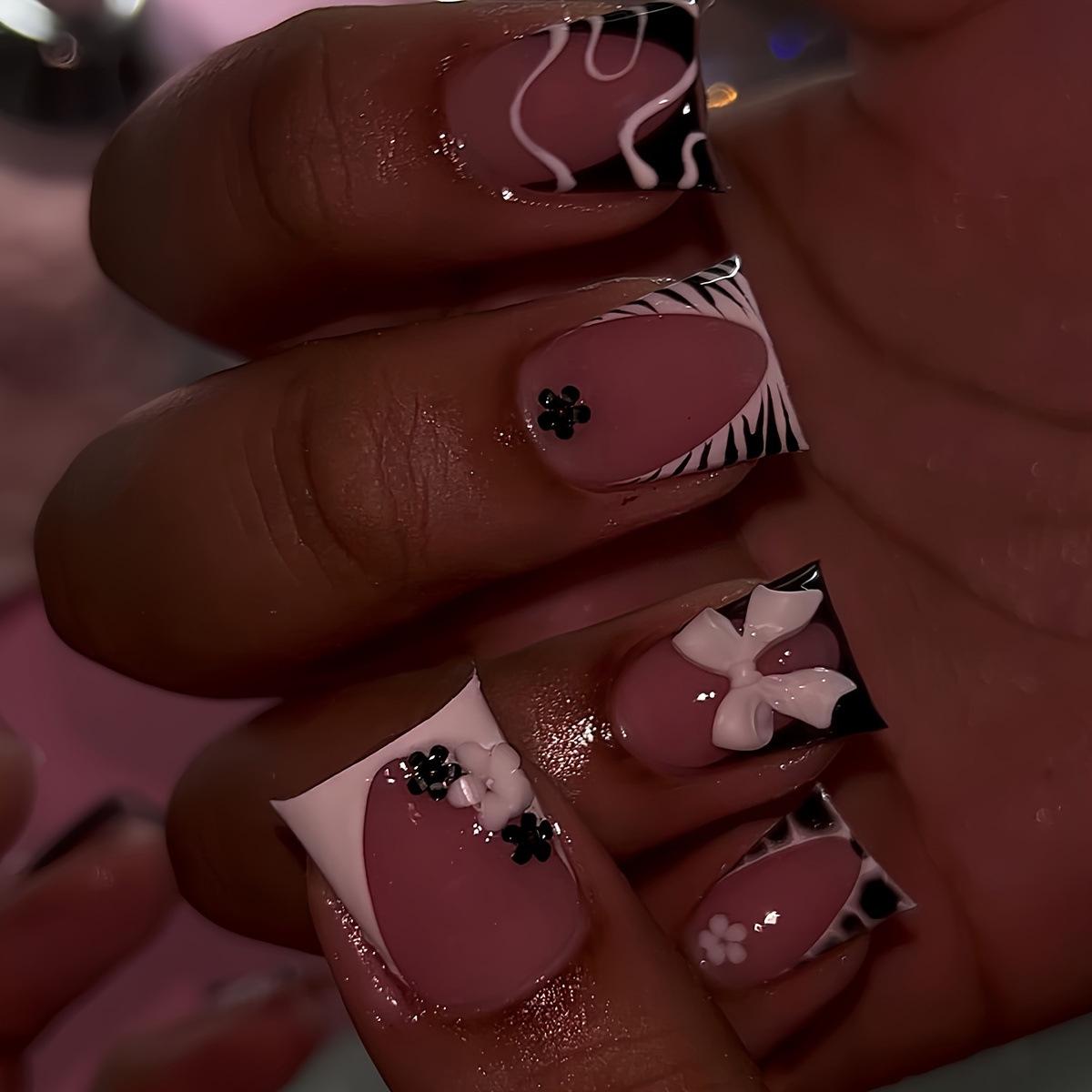 

Chic Duckbill Fake Nails - Sweet Bow & Floral Stripe Design