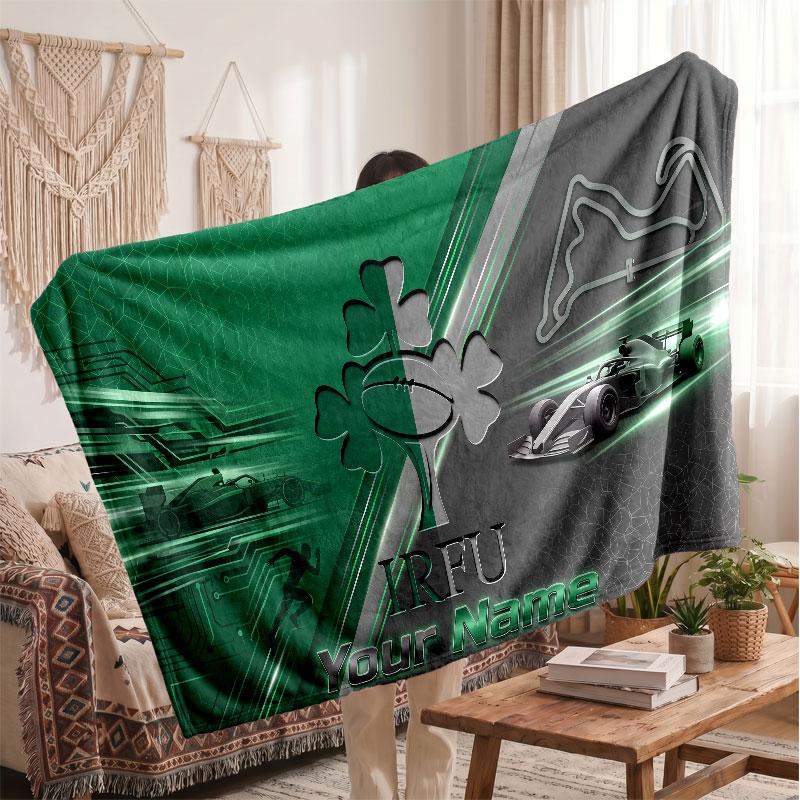 Ireland Rugby Flannel Blanket, Custom Name Text Personalized Soft Throw Blanket Home Decor Gift