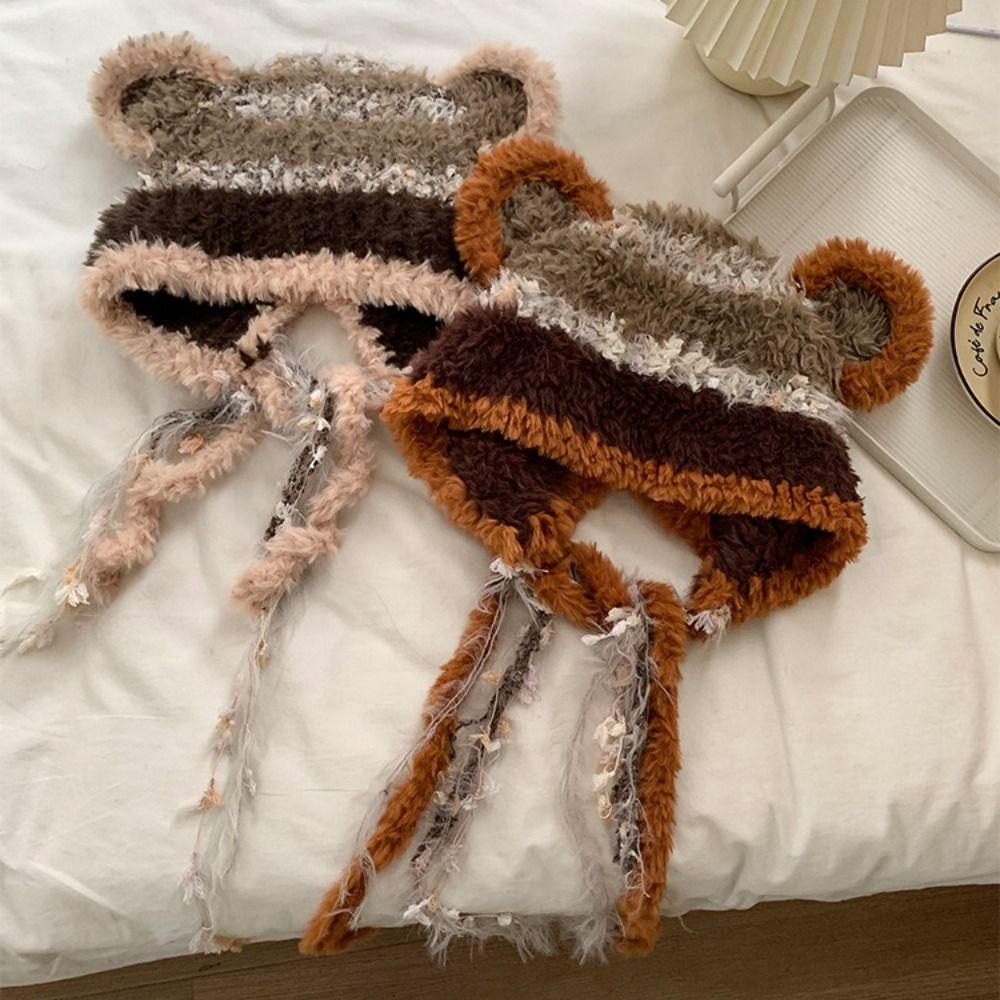 Korean Faux Fur Bucket Hat Plush Women Fluffy Hat Fashion Cute Bear Ear Hat  Female
