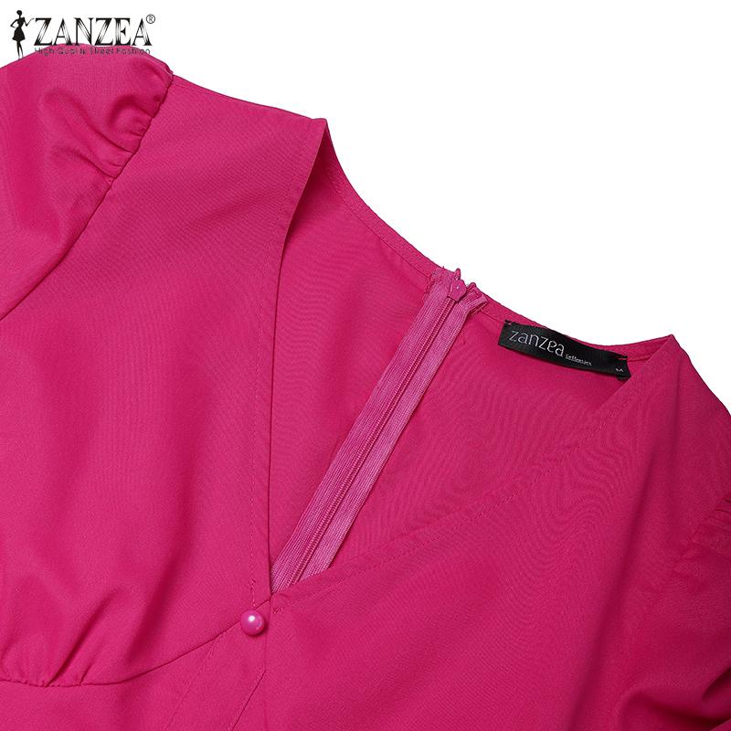 ZANZEA Damen Sommer V-Ausschnitt Kurzarm Lässiges Langes Kleid