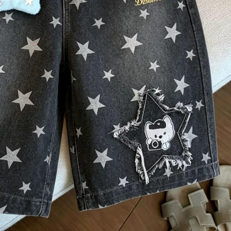 Loose Wide-Leg 7/8 Denim Pants Unisex Cute Casual Jeans