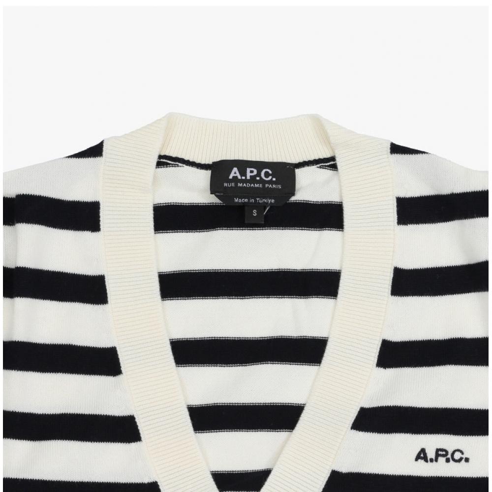 A.p.c Women S Cardigan Gaelle Stripe V Neck Off White Dark naVy F22312