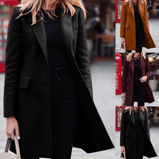 Women Jacket Solid Color Turn-down Collar Single-breasted Long Autumn Blazer for Work