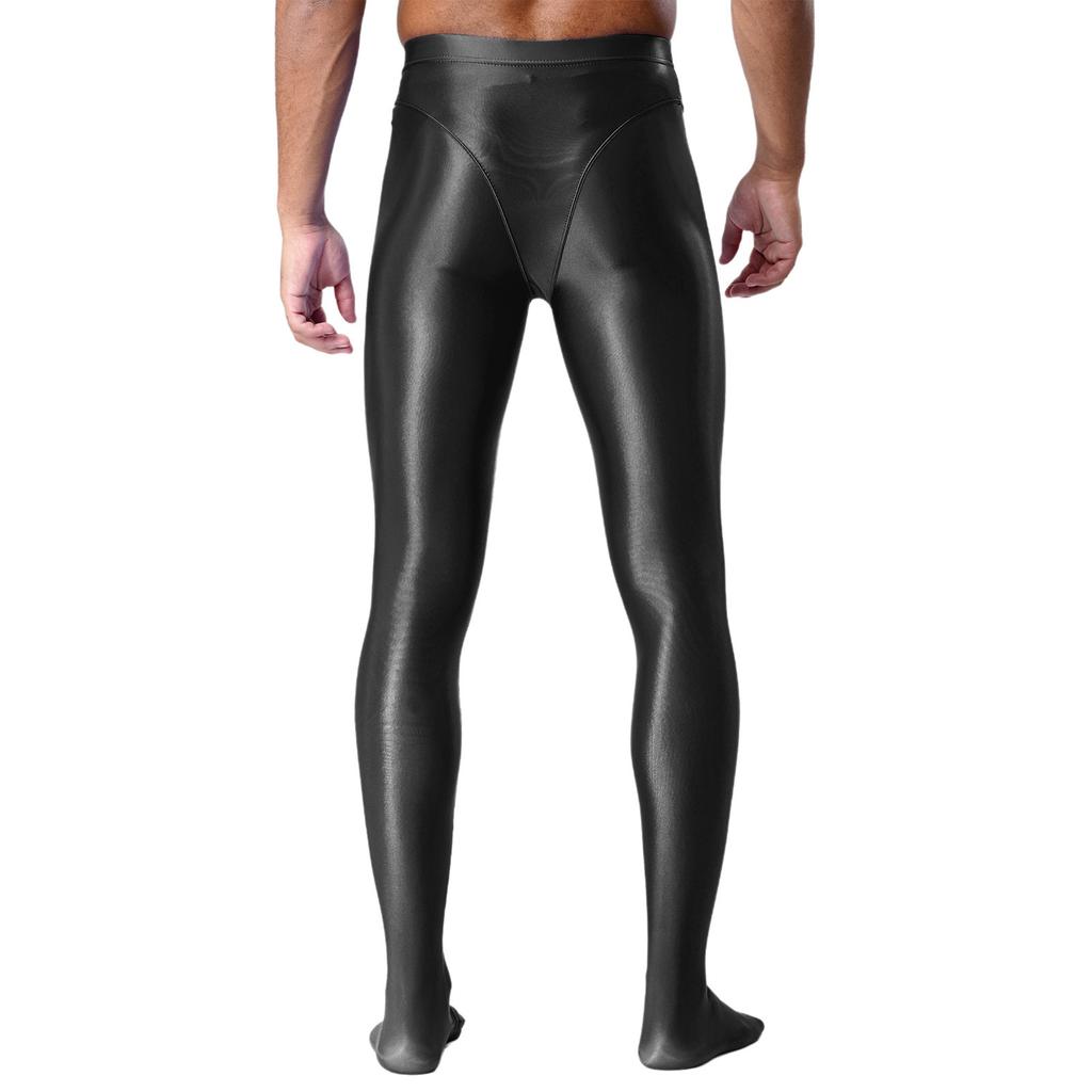 Męskie błyszczące legginsy o wyglądzie mokrej skóry Błyszczący elastyczny pas Wzór ze stopami Dopasowany krój Obcisłe spodnie-rajstopy