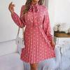 Autumn Winter Women's High Waist Pleated Dress Long Sleeve Lace Up Dot Temperament
