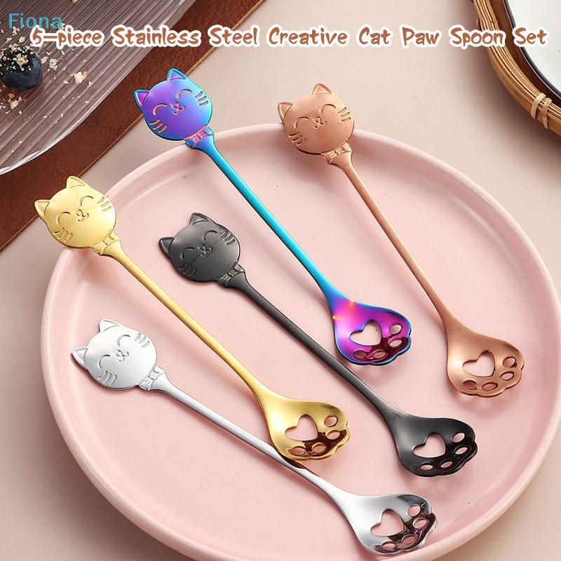 5-teiliges Edelstahl-Katzenkopf & Pfoten-Löffelset, Bunte Katzenkralle Kaffee- & Dessertlöffel für Tee, Kaffee & Tischdekoration