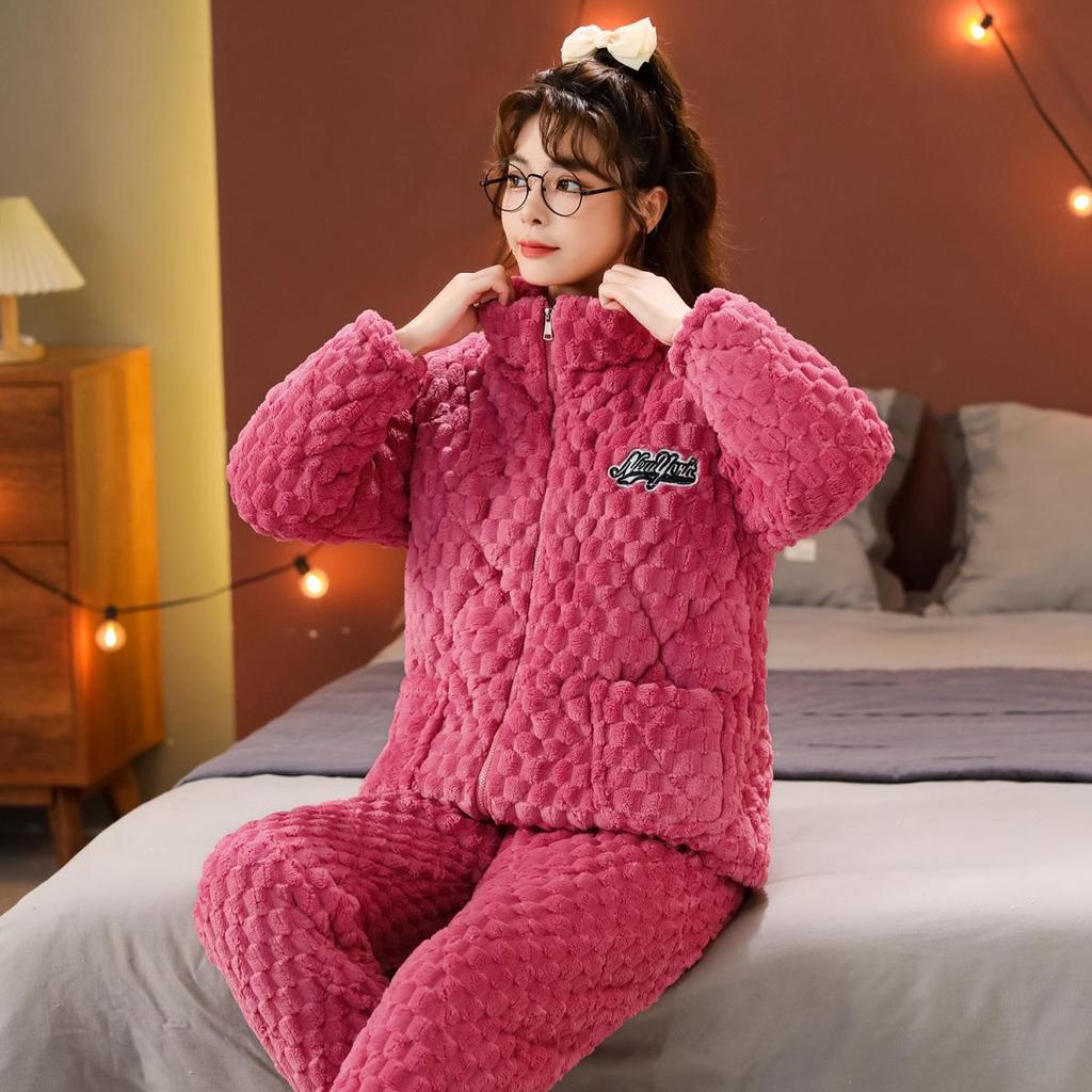 Women's Quilted Fleece-Lined Winter Pajama Set - Plus Size, Cute, Thick, Round Neck Homewear.