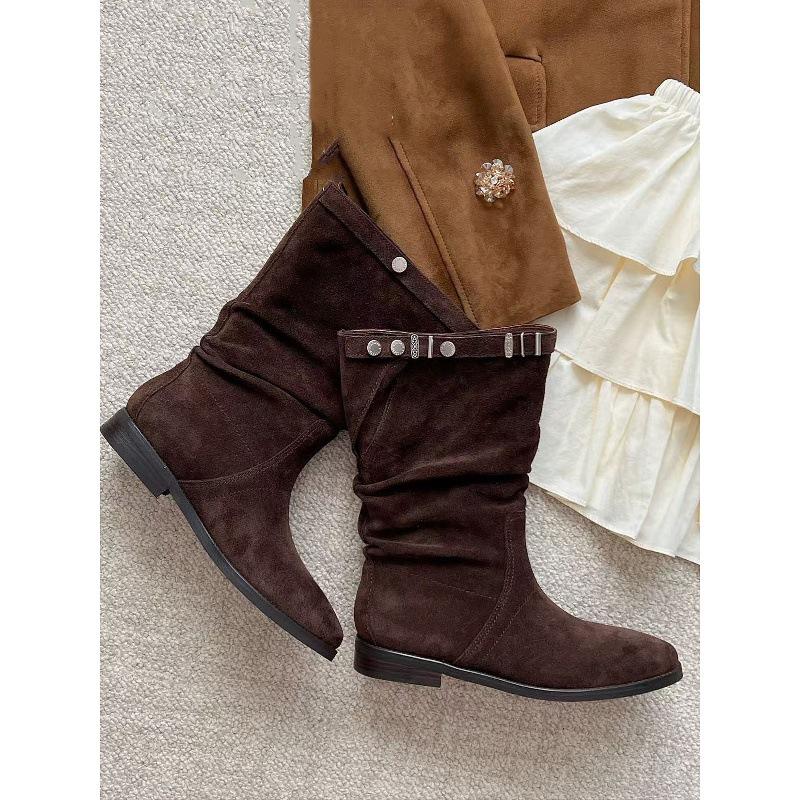 Cowhide Edition Wilderness Pastoral Vintage Western Boots 2025 Autumn and Winter Boots Versatile Flat-bottomed Knight Boots Pleated Pile Boots