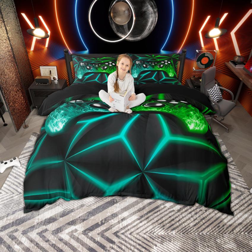 Homewish Feuerflamme Gamepad Druck Bettbezug Set Für Teenager Jungen Videospiel Thema Bettwäsche Set Geometrisch Neonlicht Bettbezug
