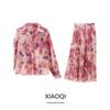 Western Style Women Lapel Long Sleeve Top Thin Flower Print Shirts High Waist Skirt 9878061 252