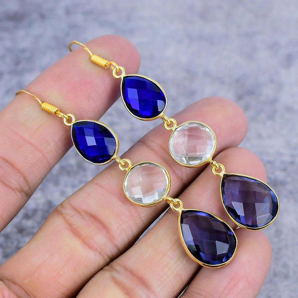 White Topaz, Amethyst Gemstone 925 Sterling Silver Jewelry Earring 2.99" M-2641