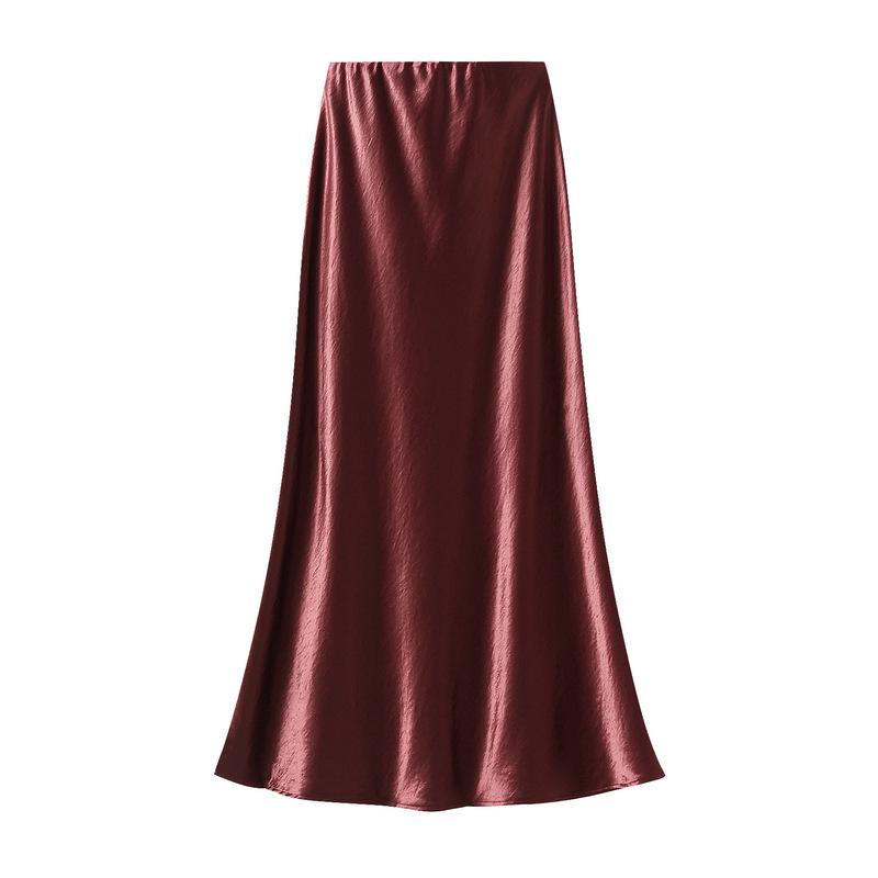 Qooth Elegant Women Satin Fishtail Skirt Maxi Length Bodycon Slim Elastic Waist Skirt QT2762